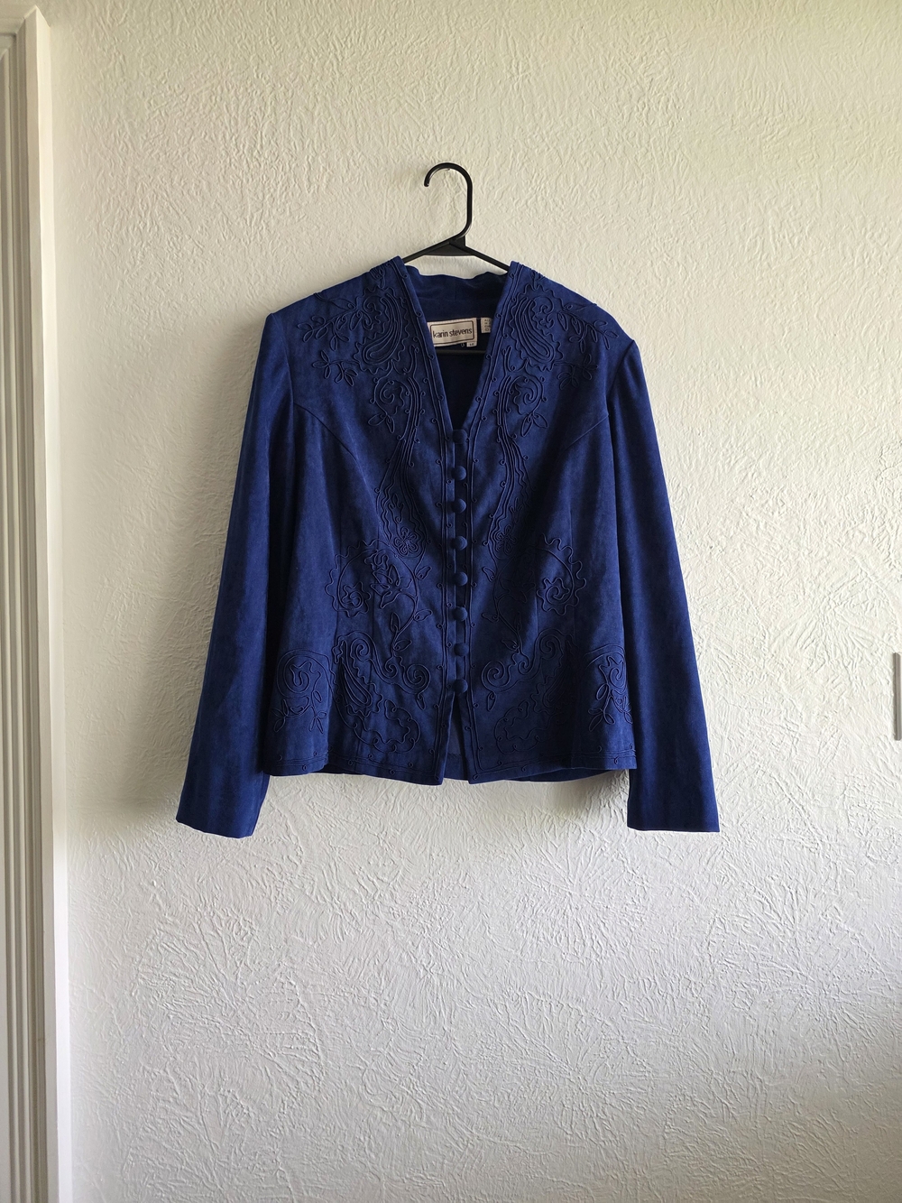 Karin Stevens Deep Blue Embroidered Button-Front Women's Jacket